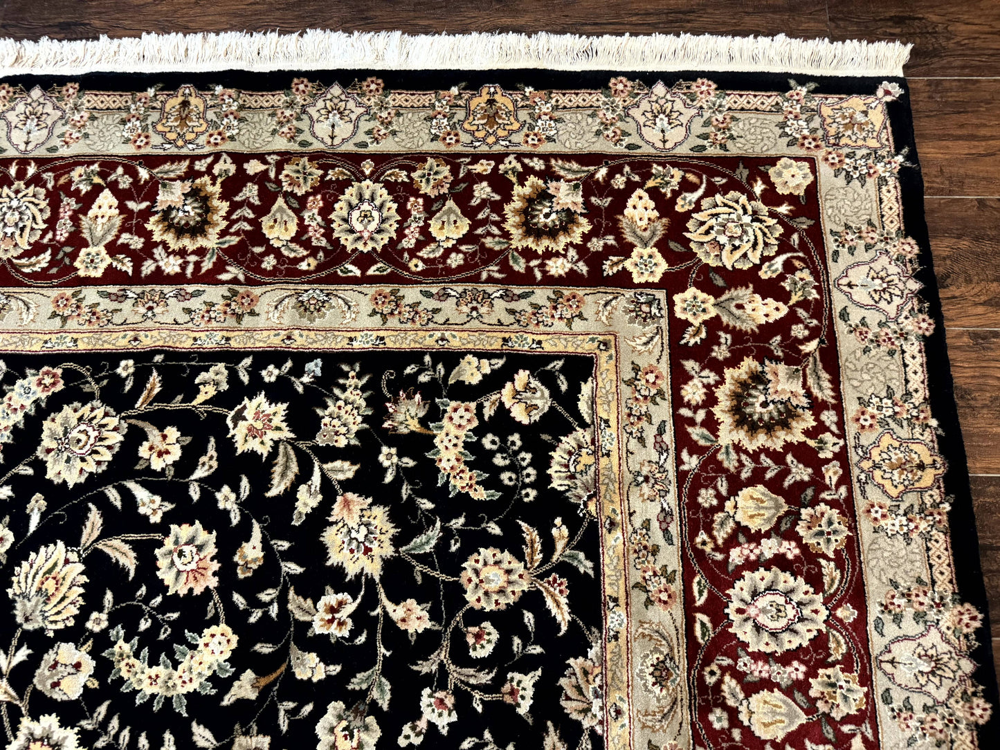 Sino Persian Rug 9x12 Hand Knotted Wool Silk Highlights Allover Floral Black And Dark Red
