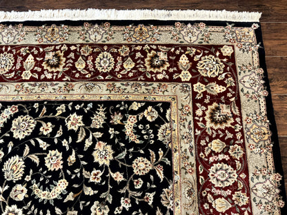 Sino Persian Rug 9x12 Hand Knotted Wool Silk Highlights Allover Floral Black And Dark Red