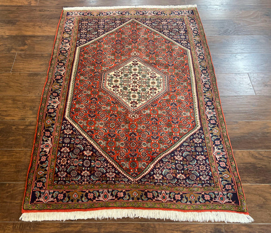 Persian Bidjar Rug 4x5, Finely Hand Knotted Vintage Carpet, Red and Navy Blue, Handmade Wool Rug, 180 KPSI