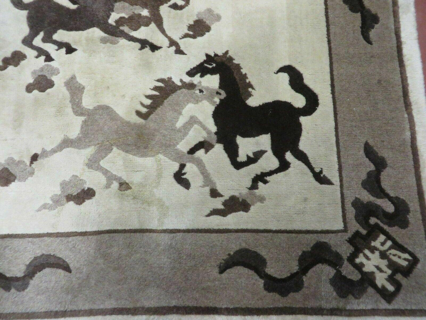 Hand Knotted Wool Rug 4x6 Tibetan Nepal Art Deco Horse Design Vintage 1980s