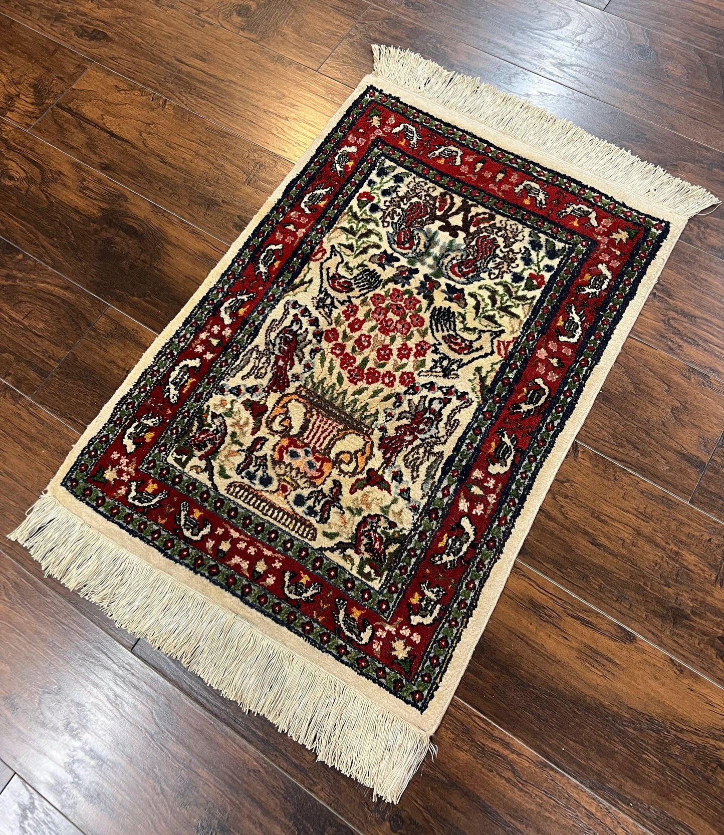 Small Indo Persian Rug 2x3 ft, Wool with Silk Highlights, Animal Pictorial Motifs Birds Vase Flowers, Cream and Maroon, Hand Knotted Fine