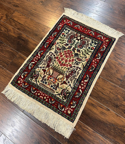 Small Indo Persian Rug 2x3 ft, Wool with Silk Highlights, Animal Pictorial Motifs Birds Vase Flowers, Cream and Maroon, Hand Knotted Fine