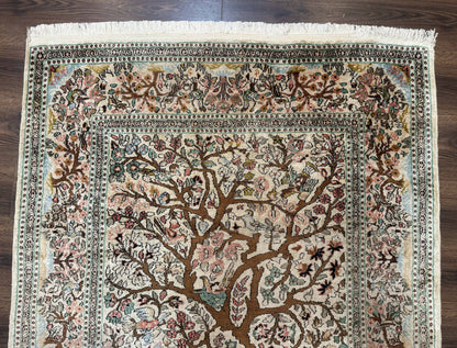 Indian Kashmiri Silk Rug 4x7, Tree of Life Design, Very Fine 380 KPSI, Birds