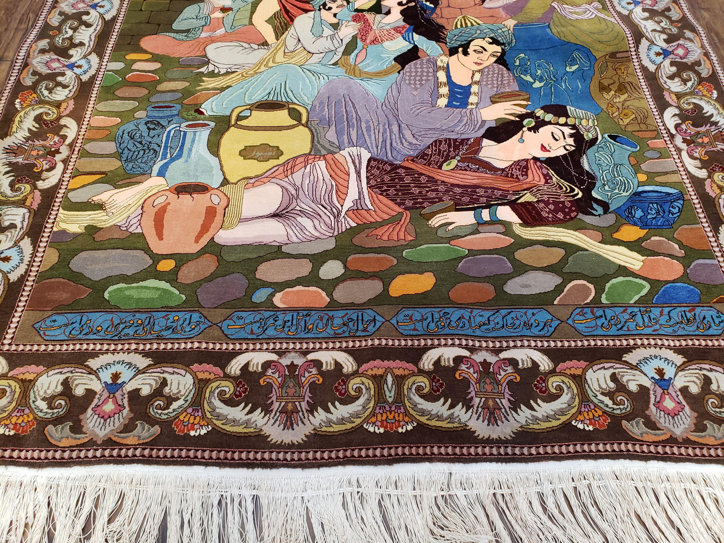 Semi Antique Persian Isfahan Pictoral Rug 4.10x6.1, Wool Handmade High Quality Decorative Carpet