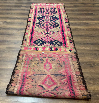 Turkish Runner Rug 3x10, Pink and Navy Blue, Bohemian Runner for Hallway or Kitchen, Vintage, Geometric, Tribal