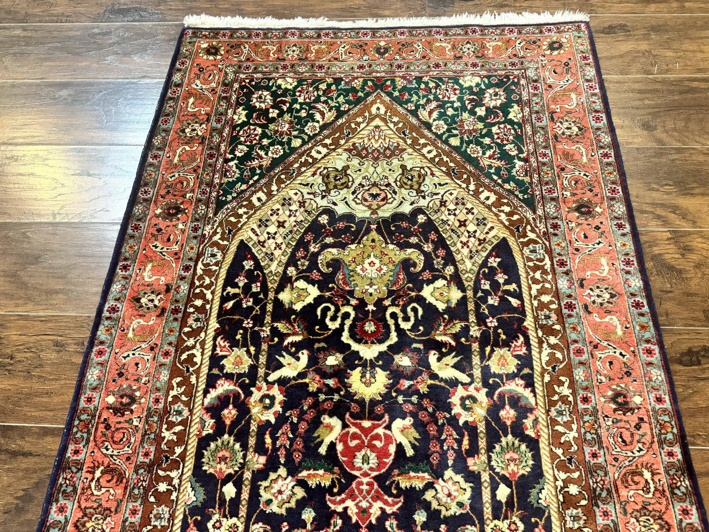 Persian Tabriz Rug 3x4, Navy Blue, Birds, Floral, Prayer Rug, Handmade Wool Rug, Finely Hand Knotted 325 KPSI