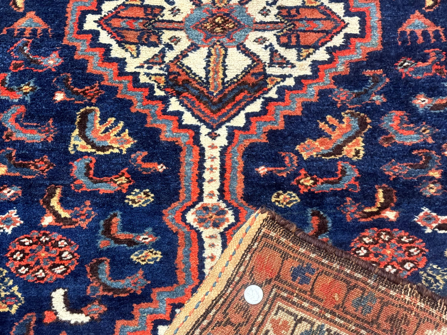 Persian Hamadan Rug 4x6 Antique Navy Blue Geometric Double Medallions Tribal Carpet