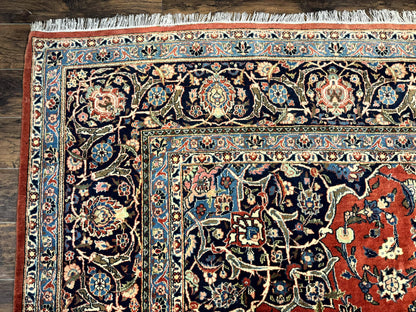 Red Persian Kashan Rug 10x14, Hand-Knotted Semi Antique Floral Medallion Handmade Wool Carpet, Red & Navy Blue