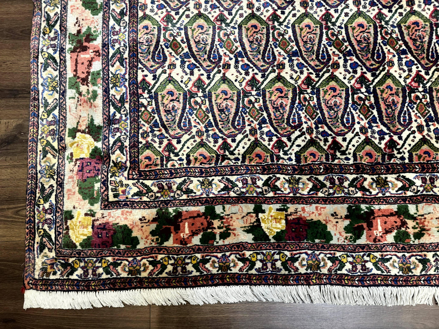 Persian Rug 8x11, Boteh Design, Repeated Paisleys, Persian Kurdish Rug, Bird Pictorials, Rare Antique Persian Kurdish Sannadaji Carpet