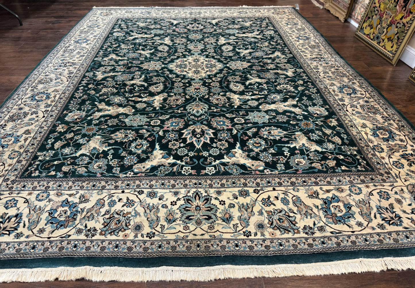 Pak Persian Rug 9x12 Dark Green Floral Allover Hand Knotted Wool