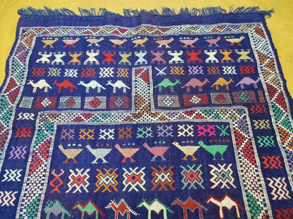 3' X 7' Vintage Handmade Indian Wool Kilim Flat weave Rug Camel Birds Blue Geometric Short Runner