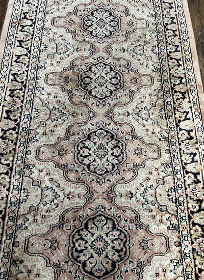 Silk Kashmiri Runner Hand Knotted Vintage Hallway Carpet Ivory Pink Medallion