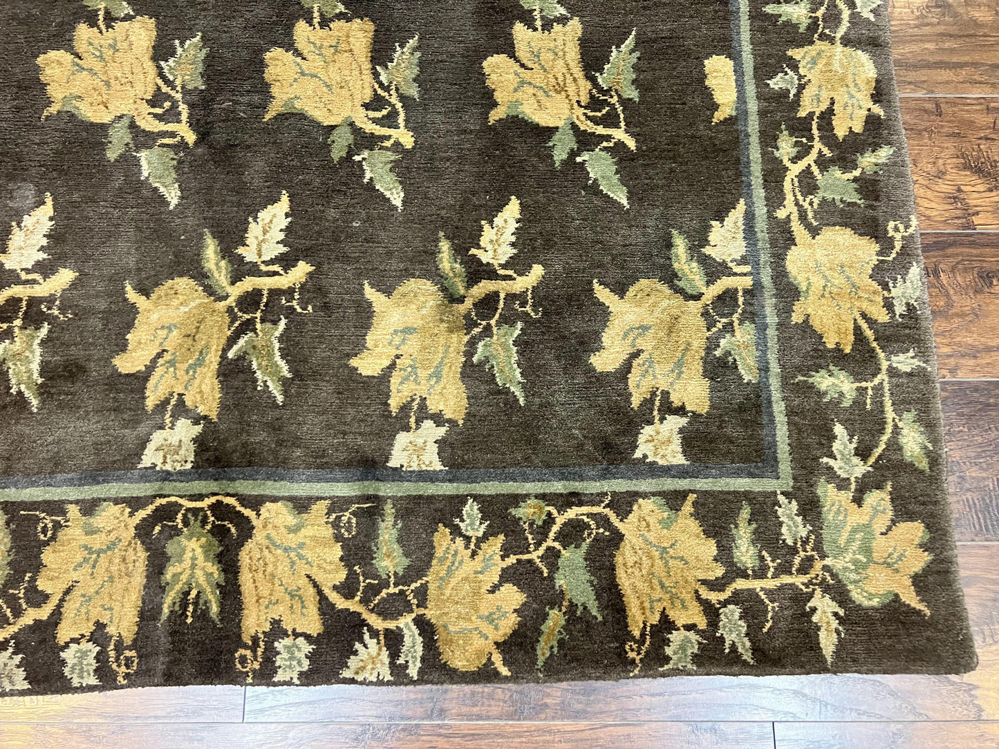 Tibetan Nepal Rug 6x9, Wool Hand Knotted Vintage Carpet 6 x 9, Dark Green & Golden Yellow, Floral Bouquets