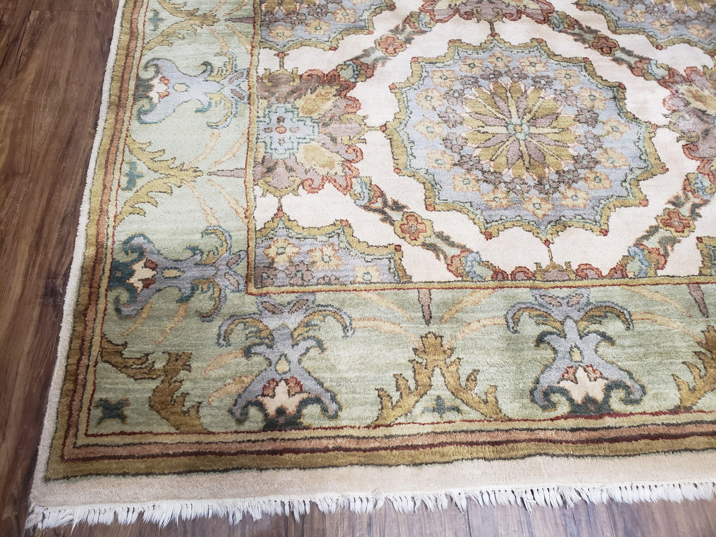 Indo Sultanabad Area Rug 8 x 9.5, Wool Hand-Knotted Ivory Green Teal Decorative Rug, Floral Panel Carpet, Indian Rug, 8 x 10 Bedroom Rug