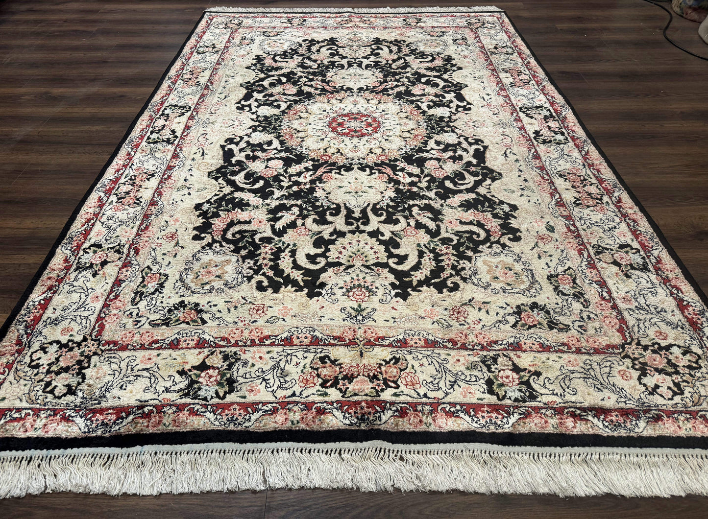 Indian Kashmiri Silk Rug, Floral Medallion, Vintage Hand Knotted Carpet