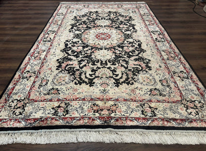 Indian Kashmiri Silk Rug, Floral Medallion, Vintage Hand Knotted Carpet
