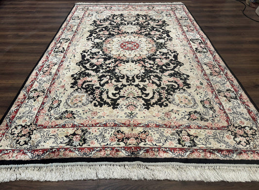 Indian Kashmiri Silk Rug, Floral Medallion, Vintage Hand Knotted Carpet