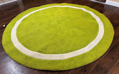Vintage Lime Green Round Wool Rug 9x9 Hand Tufted Open Field