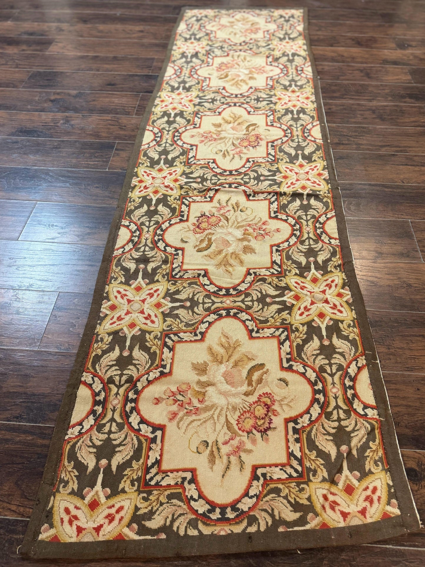 Needlepoint Runner Rug 2.7 x 9.7, European French Design, Wool, Handmade, Vintage