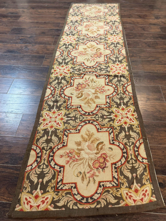 Needlepoint Runner Rug 2.7 x 9.7, European French Design, Wool, Handmade, Vintage