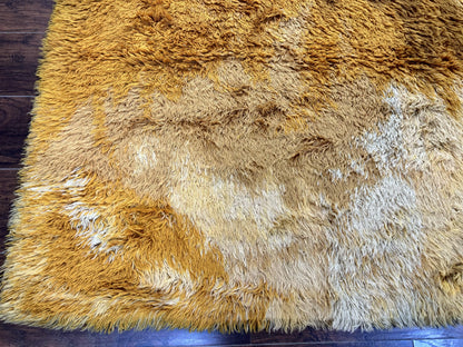 Rya Shag Rug Vintage 4.6 X 6 Yellow Mid Century Carpet For Living Room