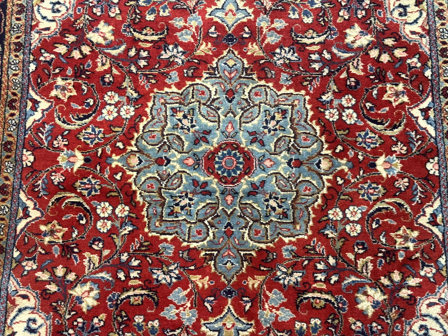 Persian Sarouk Rug 4x7, Red Navy Blue Vintage Wool Medallion Carpet