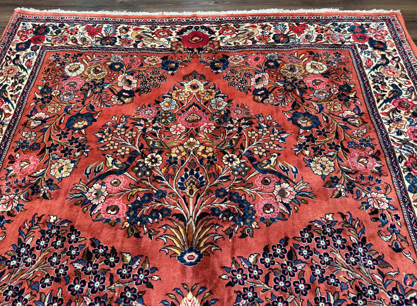 Persian Sarouk Rug 7x10 Red Ivory Floral Bouquets With Birds