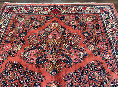 Persian Sarouk Rug 7x10 Red Ivory Floral Bouquets With Birds
