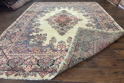 Persian Sarouk Rug 9x12 Ivory and Blue Hand Knotted Antique 1920s Semi Open Field Medallion