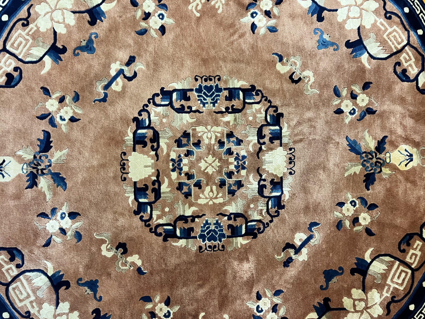 Antique Round Chinese Wool Rug 8x8 Feet Hand Knotted Peking Carpet Oriental Art Deco