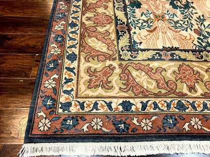 Handmade Vintage Wool Rug 10x13 Floral Birds Beige Couristan