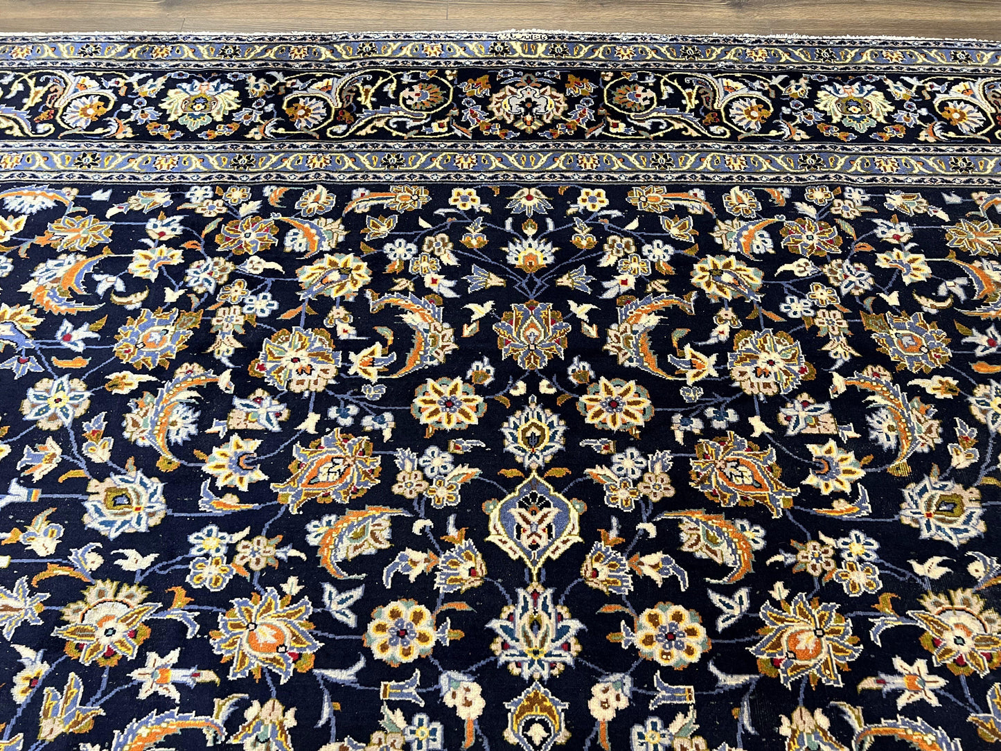 Wonderful Navy Blue Persian Kashan Rug 11x13, Allover Floral Design with Central Medallion, Wool Hand-Knotted Antique Carpet, Signed Rabani Rug