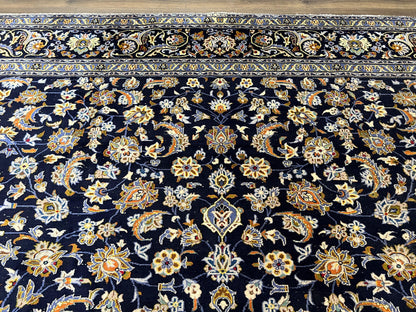 Wonderful Navy Blue Persian Kashan Rug 11x13, Allover Floral Design with Central Medallion, Wool Hand-Knotted Antique Carpet, Signed Rabani Rug