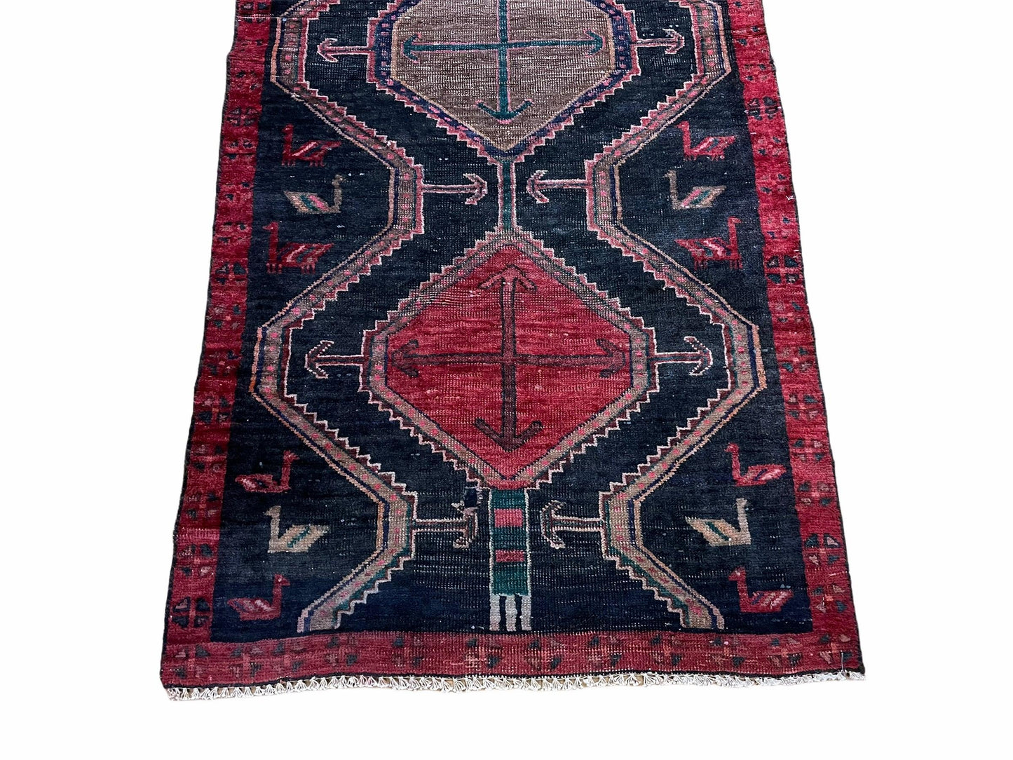 Handmade Wool Tribal Runner Rug 3X7 Geometric Boho Red Blue Organic Dyes