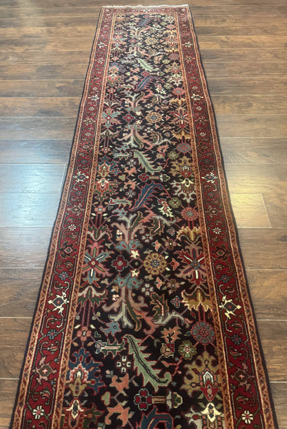 Indo Persian Runner Rug 2.7 x 13, Navy Blue and Red, Allover Floral, Wool, 13ft Runner