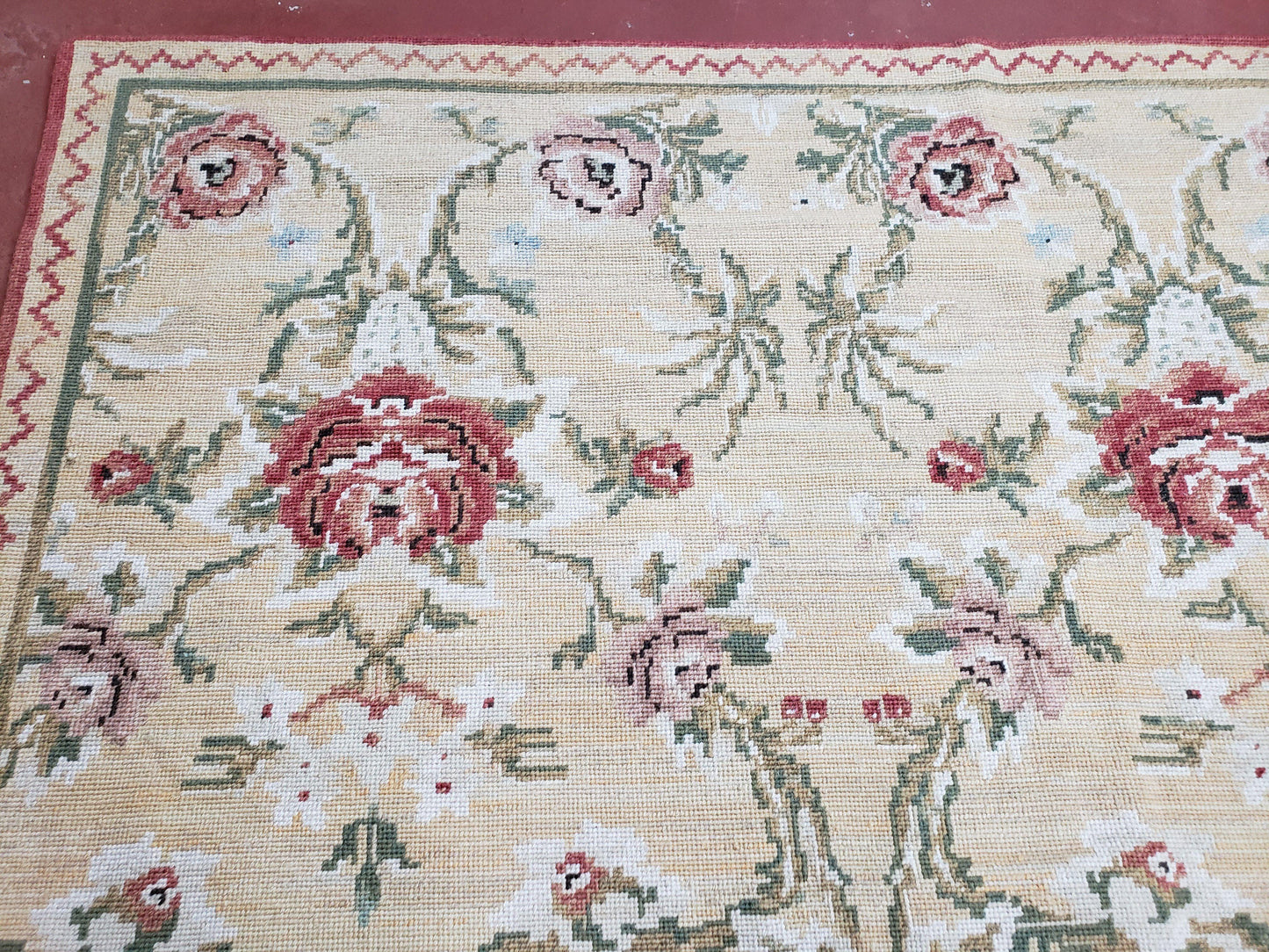 Needlepoint Rug 10x14 Wool Flatweave Carpet, English Floral Pattern, Pale Yellow, Roses, Allover Pattern, Handmade Large Needlepoint Nice