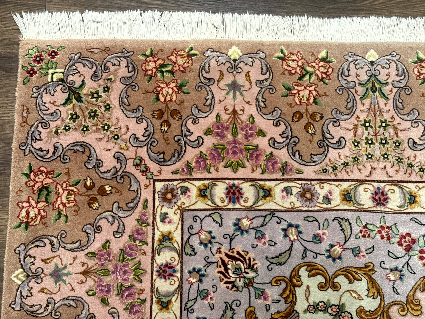 Persian Tabriz Rug 7x10 Very Fine 330 KPSI Kork Wool Silk Foundation With Bird Pictorials In Light Green Light Blue Pink