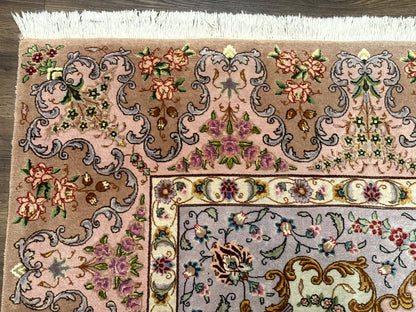 Persian Tabriz Rug 7x10 Very Fine 330 KPSI Kork Wool Silk Foundation With Bird Pictorials In Light Green Light Blue Pink