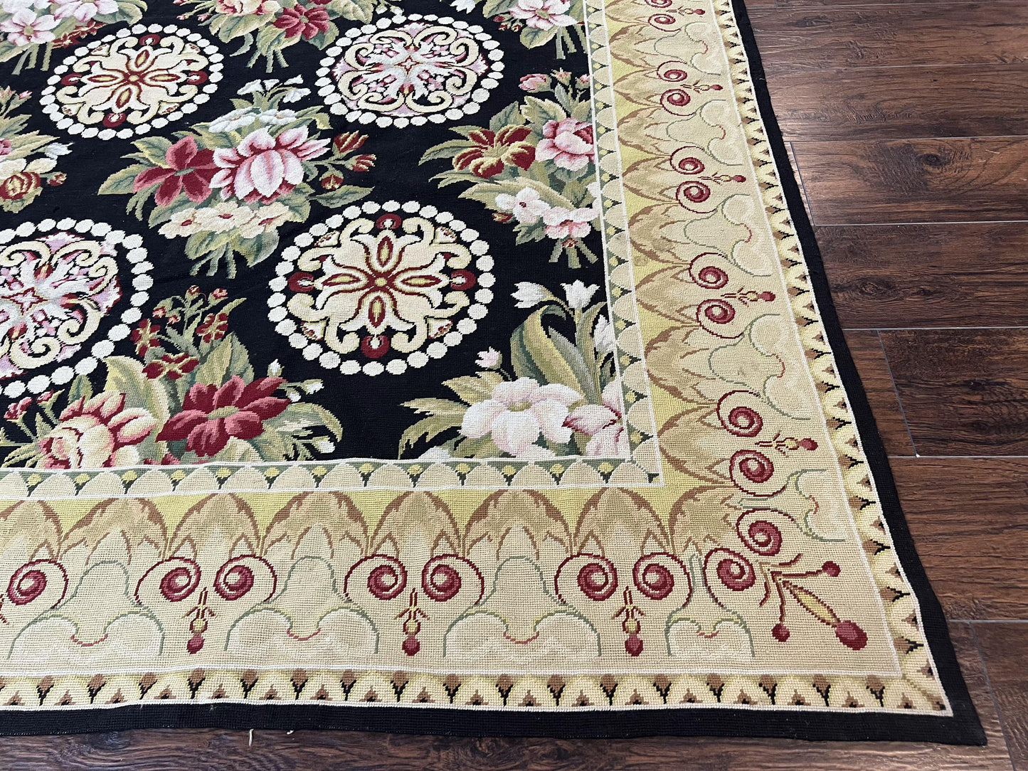 Black Wool Needlepoint Rug 9x12 Handwoven European Floral Panel Design Vintage Chinese