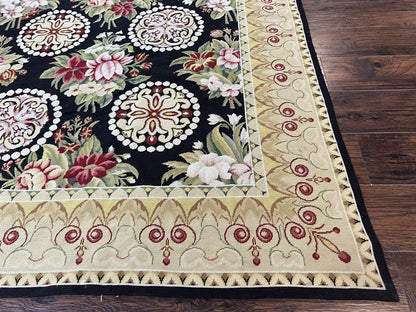 Black Wool Needlepoint Rug 9x12 Handwoven European Floral Panel Design Vintage Chinese