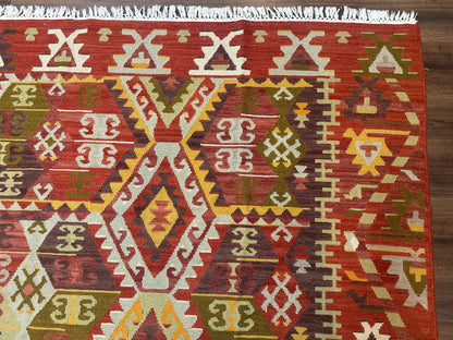 Turkish Kilim Rug 8x10 Geometric Design Handwoven Wool Carpet