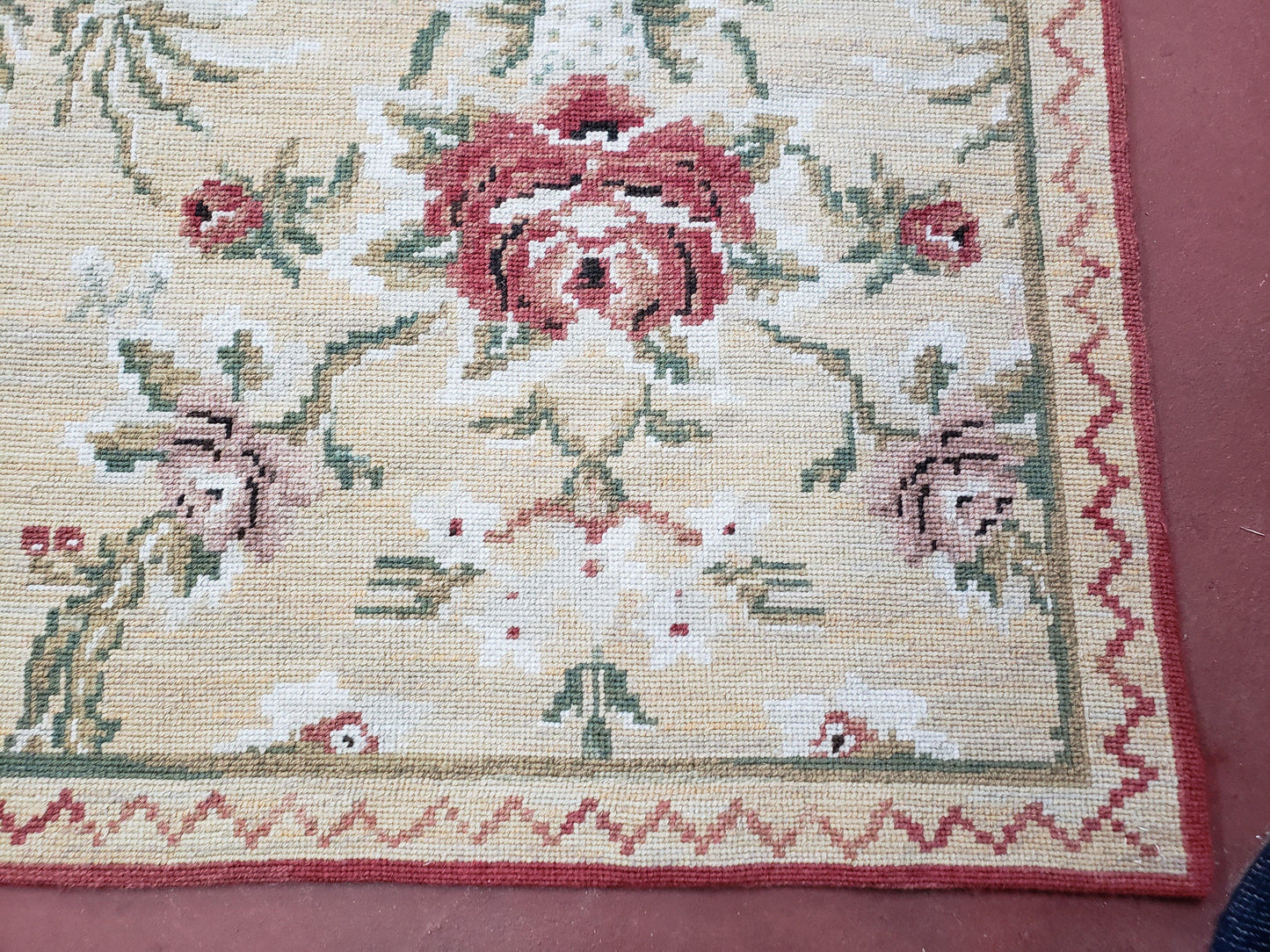Needlepoint Rug 10x14 Wool Flatweave Carpet, English Floral Pattern, Pale Yellow, Roses, Allover Pattern, Handmade Large Needlepoint Nice