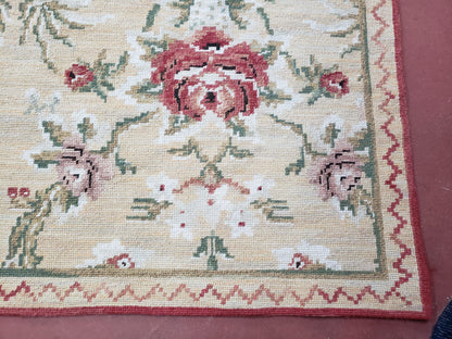 Needlepoint Rug 10x14 Wool Flatweave Carpet, English Floral Pattern, Pale Yellow, Roses, Allover Pattern, Handmade Large Needlepoint Nice