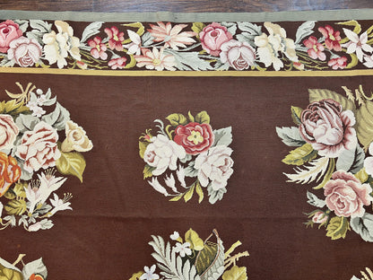 Vintage Needlepoint Rug 9x12 Handmade Wool Carpet With Floral Bouquets European Design