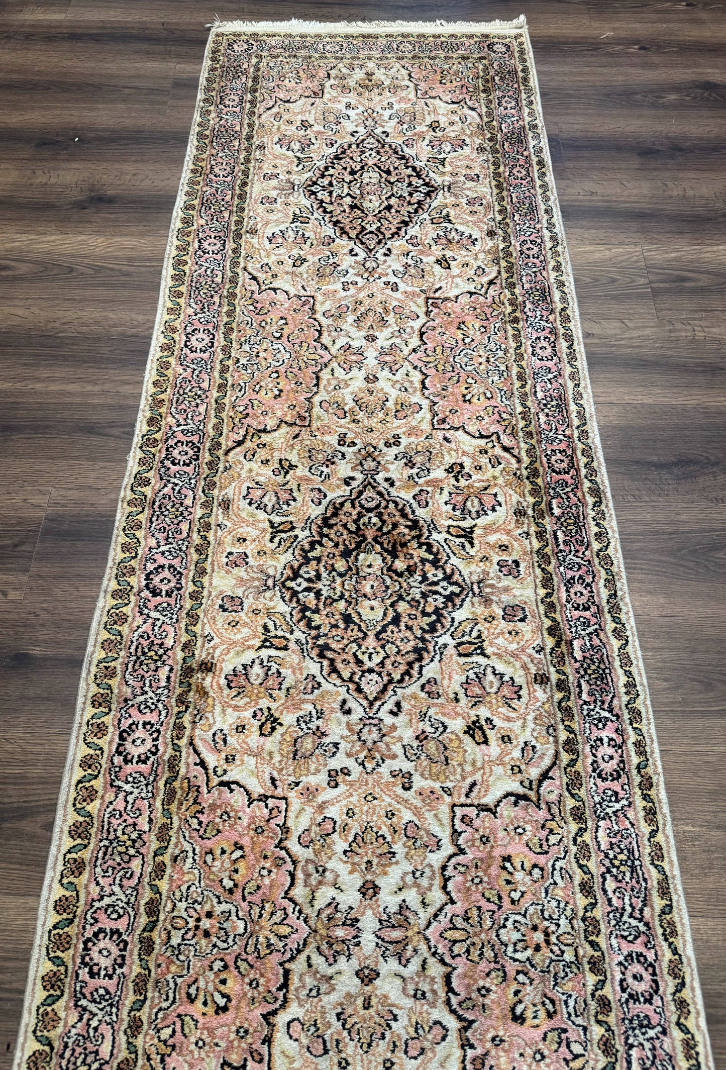 Silk Indian Kashmiri Runner Rug 2.7 x 9.8, Floral Medallions