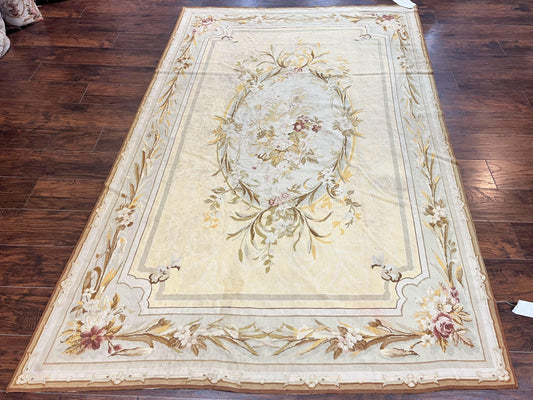 Needlepoint Rug 6x9, Elegant European Design Aubusson Carpet, Vintage Wool Handmade Rug, Light Yellow Ivory