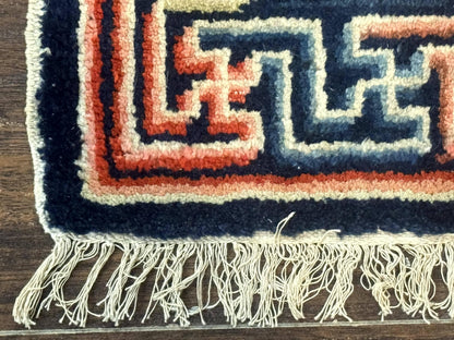 Small Antique Chinese Rug 2x2, Red Blue Square Rug Mat, Handmade, Tibetan Rug