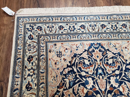 Semi Antique Persian Nain Rug Hand Knotted With Wool Silk Accents Ivory And Blue