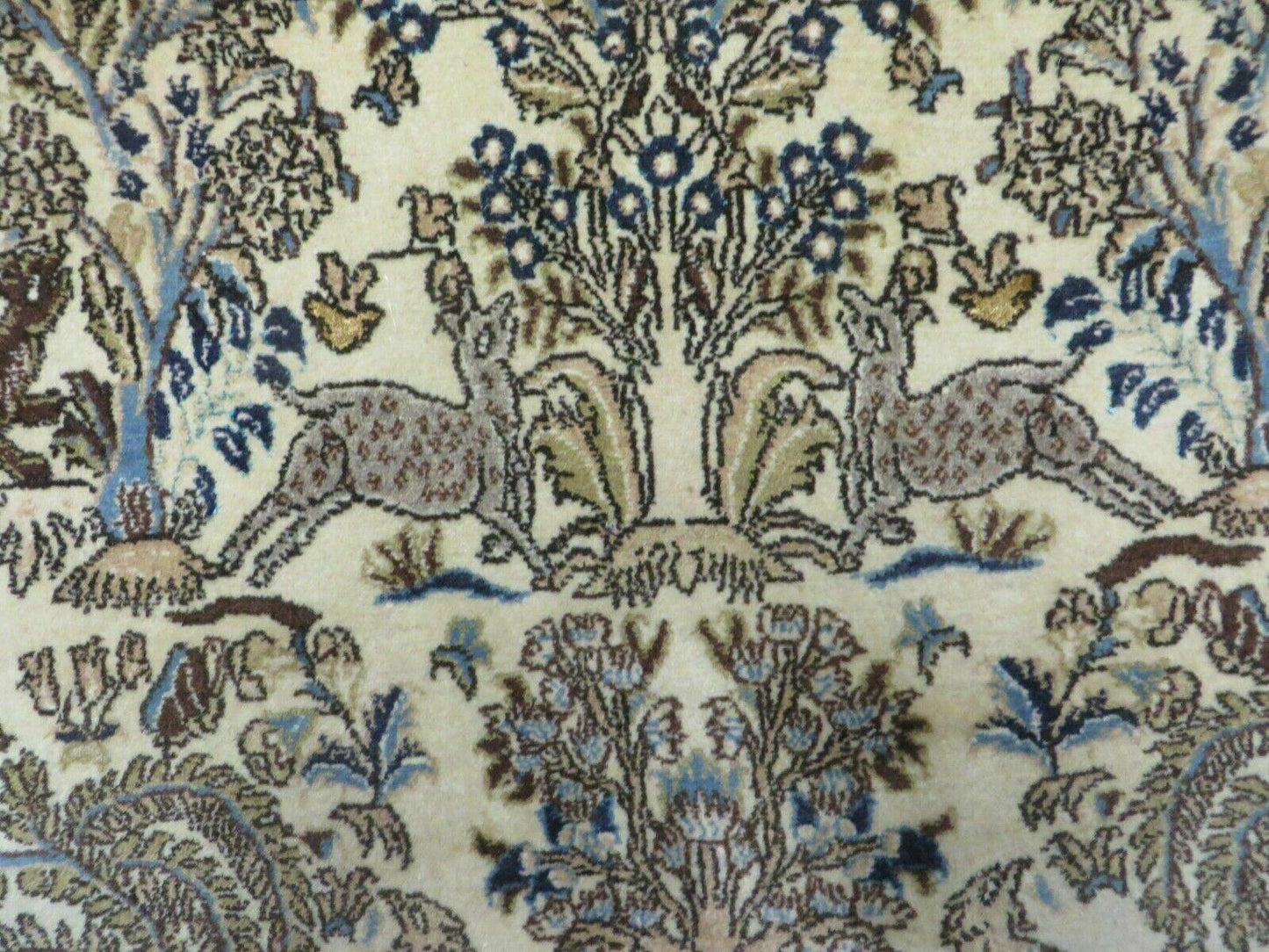 Handmade India Tree Of Life Rug Wool Silk 4x6 Oriental Pictorial Birds Deer Vintage 1960s