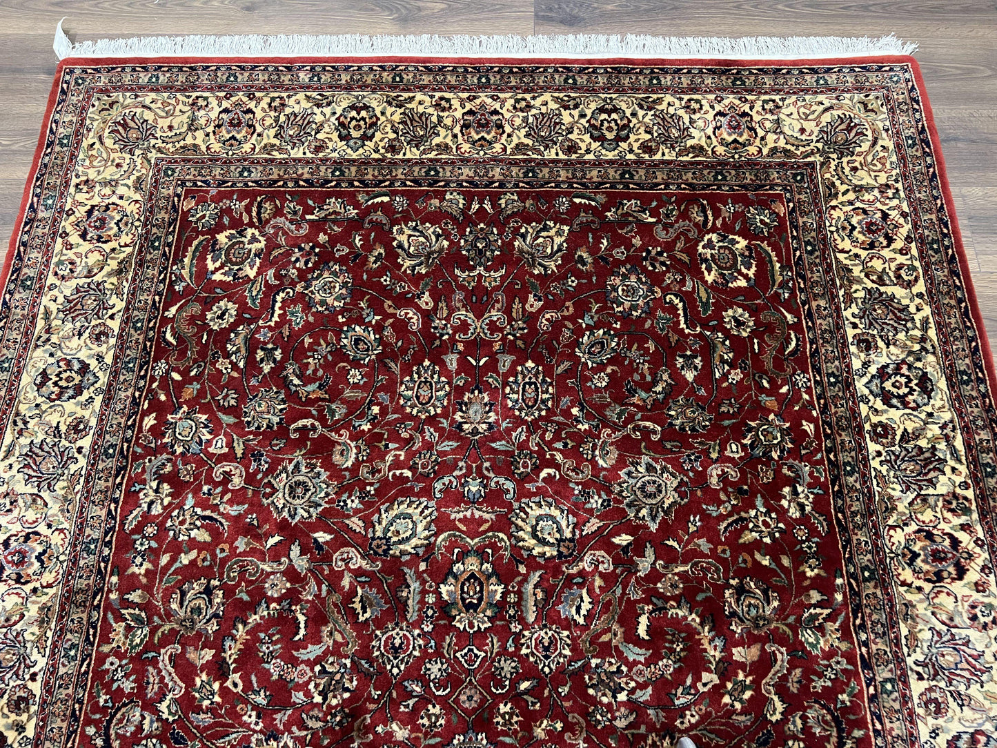 Vintage Indo Persian Rug 6x9, Very Finely Hand-Knotted Carpet 6 x 9 Red Cream Indian Oriental Carpet, Traditional Floral Wool Area Rug 1970s